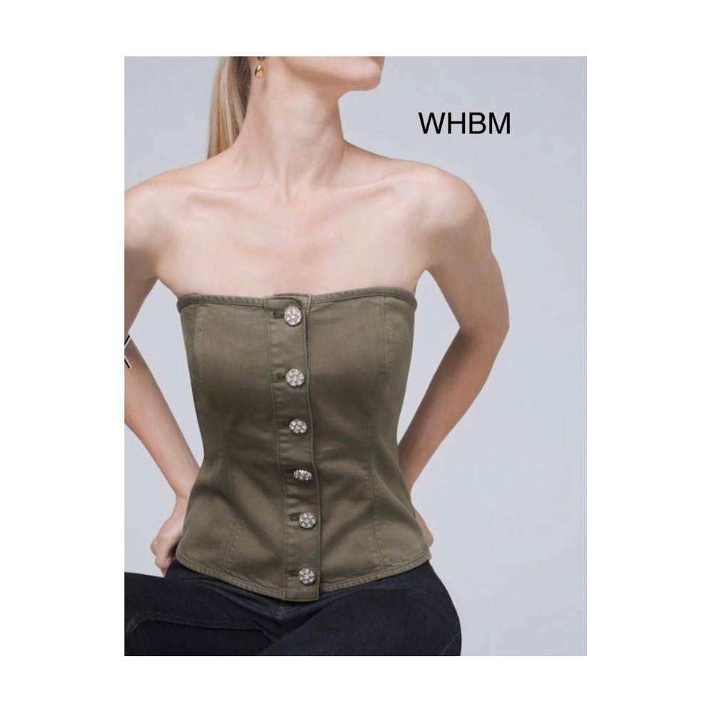 WHBM Twill And Rhinestone Bustier Olive Green Sleeveless Tube Top Size 4 Small‎